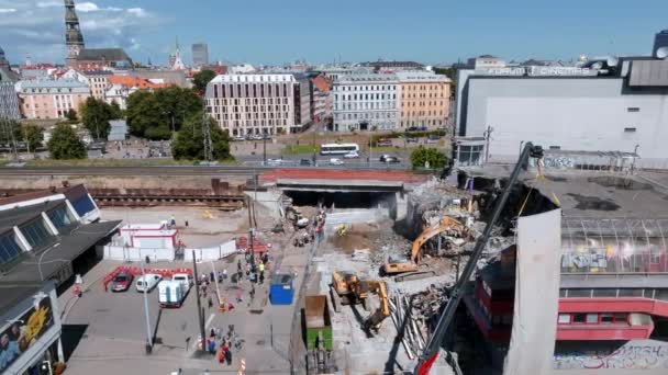 Demolition Titanic Building Center Riga Which Parking Lot Prepare Rail — Stockvideo