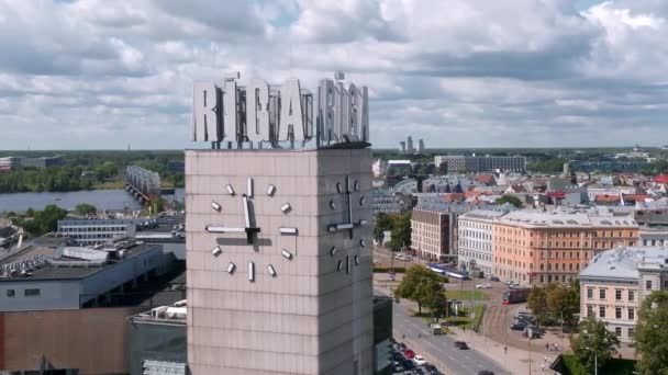 Aerial View Riga Central Train Station Tower Name City Clock — Stockvideo