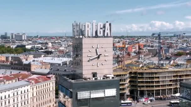 Aerial View Riga Central Train Station Tower Name City Clock — Stockvideo