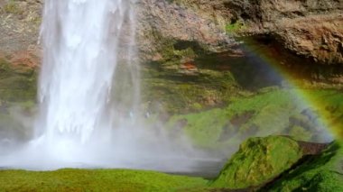 Seljalandsfoss Şelalesi, İzlanda 'nın Güney Bölgesi' nde, 1. Yol 'un hemen yanında. İzlanda 'nın en popüler ve en güzel şelalelerinden biri. Şelalenin yanında güzel gökkuşağı.