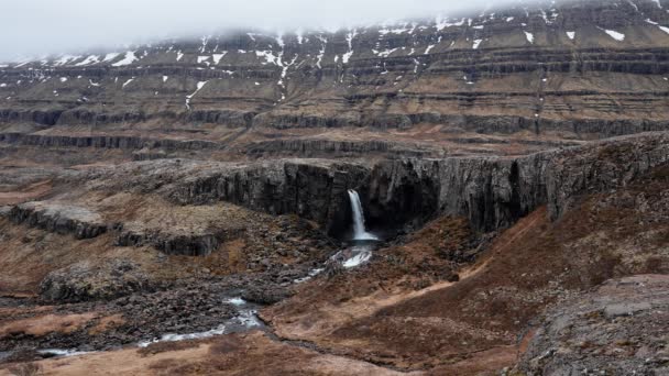 Folaldafoss Waterfall Closeup Rocks Water Fall East Iceland Cliff Wall — Stockvideo