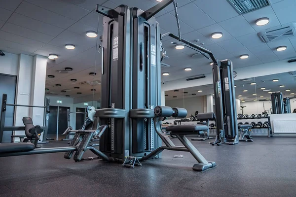 Modern light gym. Sports equipment in gym. Barbells of different weight on rack.