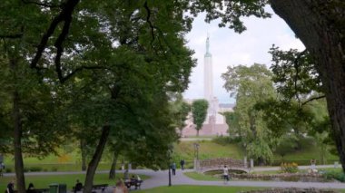 The Freedom Monument in Riga, Latvia. The memorial honours the soldiers killed during the Latvian War of Independence in 1918-1920. Summer day by the monument. 