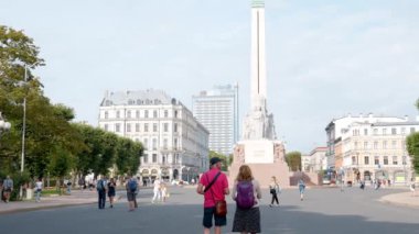 The Freedom Monument in Riga, Latvia. The memorial honours the soldiers killed during the Latvian War of Independence in 1918-1920. Summer day by the monument. 