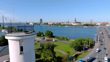 Establishing aerial Bird eye view shot of Riga, Riga skyline, Latvia. Beautiful old town of Riga from above.