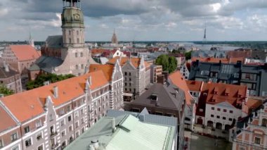 Establishing aerial Bird eye view shot of Riga, Riga skyline, Latvia. Beautiful old town of Riga from above.