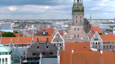 Establishing aerial Bird eye view shot of Riga, Riga skyline, Latvia. Beautiful old town of Riga from above.
