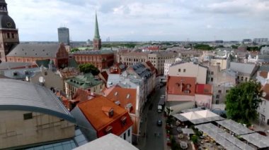 Establishing aerial Bird eye view shot of Riga, Riga skyline, Latvia. Beautiful old town of Riga from above.