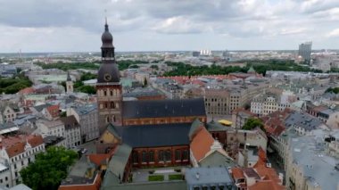 Establishing aerial Bird eye view shot of Riga, Riga skyline, Latvia. Beautiful old town of Riga from above.