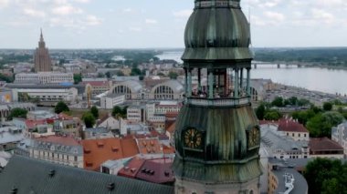 Establishing aerial Bird eye view shot of Riga, Riga skyline, Latvia. Beautiful old town of Riga from above.