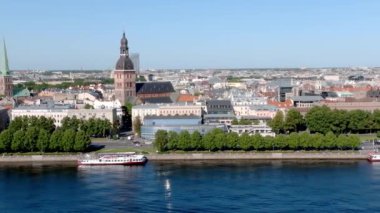 Establishing aerial Bird eye view shot of Riga, Riga skyline, Latvia. Beautiful old town of Riga from above.