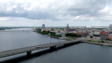 Establishing aerial Bird eye view shot of Riga, Riga skyline, Latvia. Beautiful old town of Riga from above.