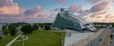 Riga, Latvia. August 7, 2022. Aerial view of the National Library in Riga. Modern architecture in Latvia.