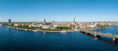 Establishing aerial Bird eye view shot of Riga, Riga skyline, Latvia. Beautiful old town of Riga from above.
