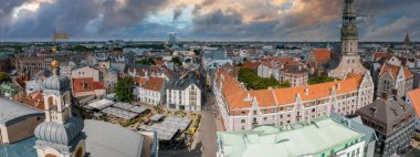 Establishing aerial Bird eye view shot of Riga, Riga skyline, Latvia. Beautiful old town of Riga from above.