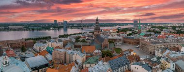 Establishing aerial Bird eye view shot of Riga, Riga skyline, Latvia. Beautiful old town of Riga from above.