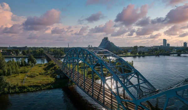 Bridge River Daugava Riga Train Passing Bridges Latvia Aerial Riga — Stok Foto
