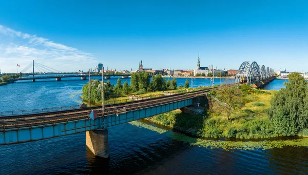 Bridge River Daugava Riga Train Passing Bridges Latvia Aerial Riga — Foto de Stock