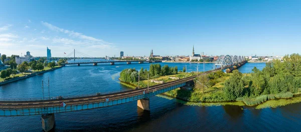 Bridge River Daugava Riga Train Passing Bridges Latvia Aerial Riga — Stok fotoğraf