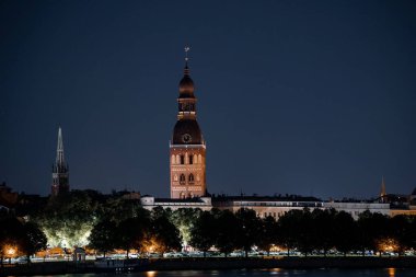 Beautiful night view of the old town of Riga. Domes cathedral at night.