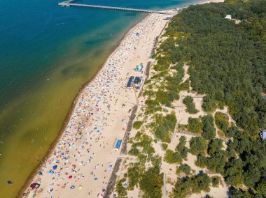Aerial view of the beach and sea shore in Palanga, Lithuania. Beach town in Palanga.