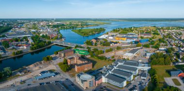 Beautiful panoramic aerial view photo of Holy Trinity Cathedral, Concert hall Great Amber city center of Liepaja city in Latvia.