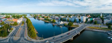 Beautiful panoramic aerial view photo of Holy Trinity Cathedral, Concert hall Great Amber city center of Liepaja city in Latvia.
