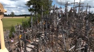 Aerial view of Hill of Crosses or KRYZIU KALNAS in Lithuania. It is a famous religious site of catholic pilgrimage in Lithuania