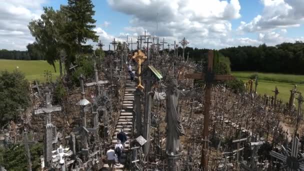 Aerial View Hill Crosses Kryziu Kalnas Lithuania Famous Religious Site — Stockvideo