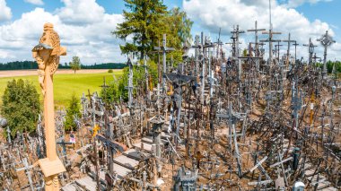 Aerial view of Hill of Crosses or KRYZIU KALNAS in Lithuania. It is a famous religious site of catholic pilgrimage in Lithuania