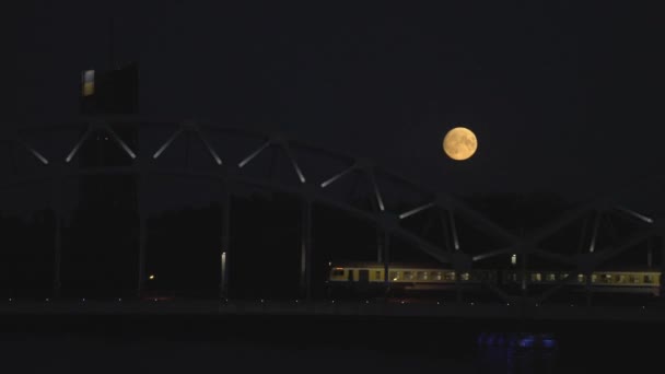 Full Moon Riga Night Train Crossing River Daugava Night Riga — Stock videók