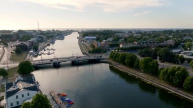 Beautiful panoramic aerial view video of Holy Trinity Cathedral, Concert hall Great Amber city center of Liepaja city in Latvia.