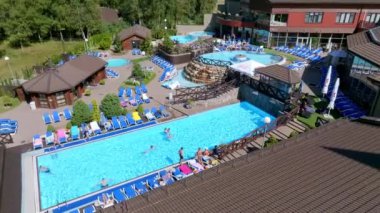 Aerial view of the SPA facility with outdoor pools and hot tubes. Beautiful retreat concept. 