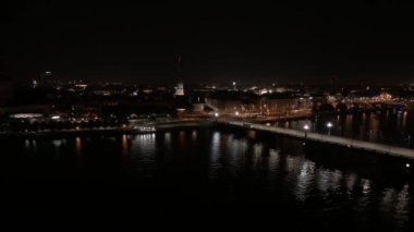 Aerial view of the Riga city at night. Beautiful old town of Riga. Night life.