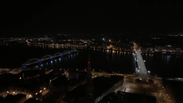 Aerial View Riga City Night Beautiful Old Town Riga Night — Video