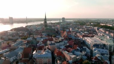 Beautiful aerial view of Riga city, the capital of Latvia. Aerial view of the old town of Riga at sunset.