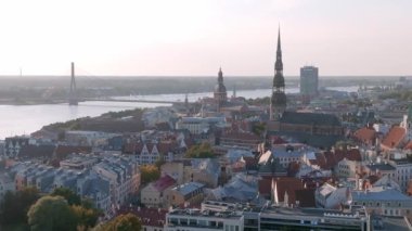 Beautiful aerial view of Riga city, the capital of Latvia. Aerial view of the old town of Riga at sunset.