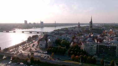 Beautiful aerial view of Riga city, the capital of Latvia. Aerial view of the old town of Riga at sunset.