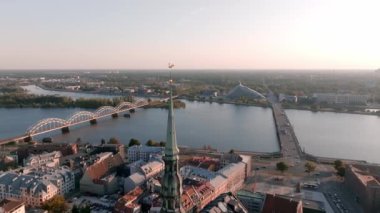 Beautiful aerial view of Riga city, the capital of Latvia. Aerial view of the old town of Riga at sunset.