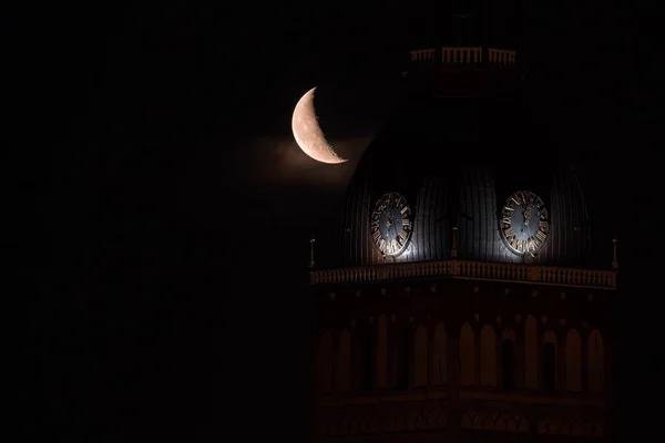 Beautiful Quarter Moon Riga Old Town Domes Cathedral Clock Night — Stock Photo, Image