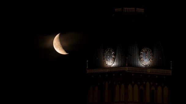 Beautiful Quarter Moon Riga Old Town Domes Cathedral Clock Night — Videoclip de stoc