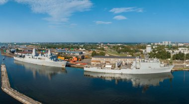 Riga, Latvia.August 23, 2022. Combat ships of NATO countries in the port of Riga during the exercises. Protecting Baltic states with NATO ships.Aerial view.