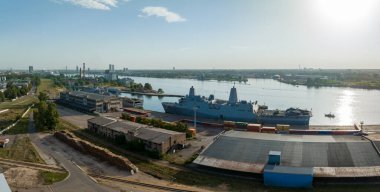 Riga, Latvia.August 23, 2022. Combat ships of NATO countries in the port of Riga during the exercises. Protecting Baltic states with NATO ships.Aerial view.
