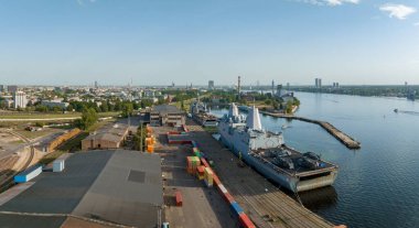 Riga, Latvia.August 23, 2022. Combat ships of NATO countries in the port of Riga during the exercises. Protecting Baltic states with NATO ships.Aerial view.