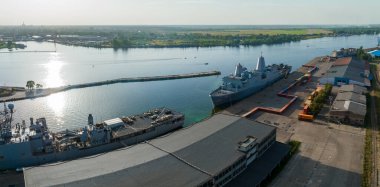 Riga, Latvia.August 23, 2022. Combat ships of NATO countries in the port of Riga during the exercises. Protecting Baltic states with NATO ships.Aerial view.