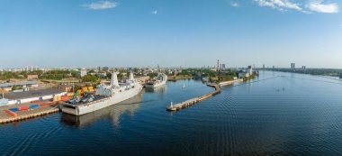 Riga, Latvia.August 23, 2022. Combat ships of NATO countries in the port of Riga during the exercises. Protecting Baltic states with NATO ships.Aerial view.