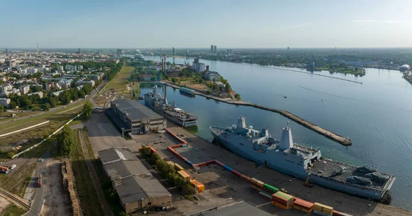 Riga, Latvia.August 23, 2022. Combat ships of NATO countries in the port of Riga during the exercises. Protecting Baltic states with NATO ships.Aerial view.