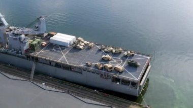 Riga, Latvia.August 23, 2022. Combat ships of NATO countries in the port of Riga during the exercises. Protecting Baltic states with NATO ships.Aerial view.