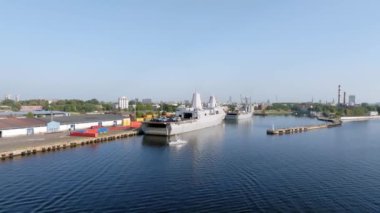 Riga, Latvia.August 23, 2022. Combat ships of NATO countries in the port of Riga during the exercises. Protecting Baltic states with NATO ships.Aerial view.
