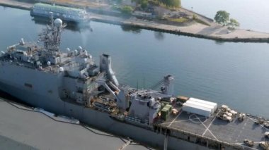 Riga, Latvia.August 23, 2022. Combat ships of NATO countries in the port of Riga during the exercises. Protecting Baltic states with NATO ships.Aerial view.